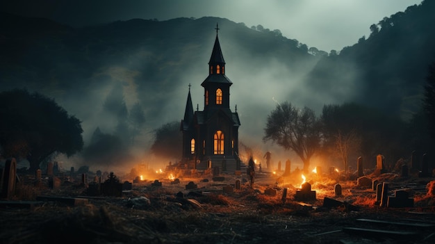 Église ou ancienne chapelle au cimetière la nuit au clair de lune