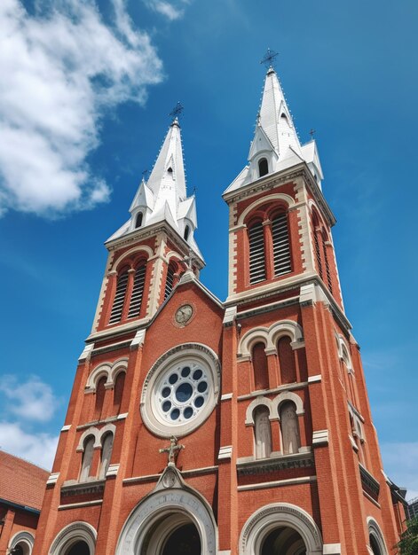 Église en briques rouges à arpents avec deux clochers et une horloge générative ai