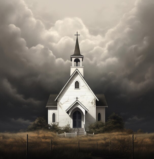 Église à la campagne avec ciel orageux rendu 3d