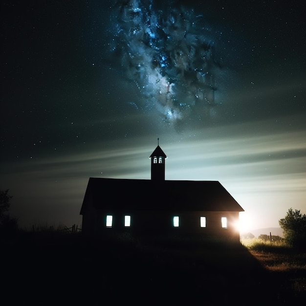 Église avec coucher de soleil et vue sur l'espace au-dessus