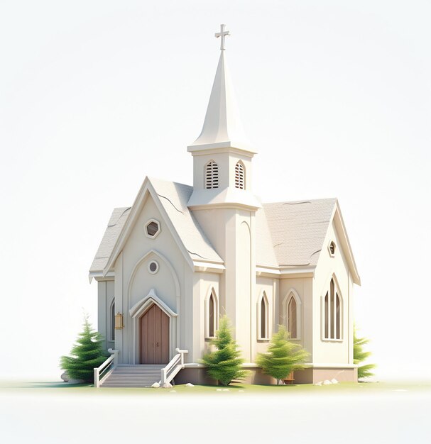 Église dans la forêt sur fond blanc rendu 3d