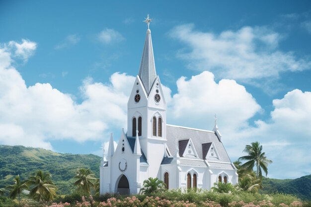 Église dans les montagnes avec un ciel bleu et des nuages blancs rendu en 3D