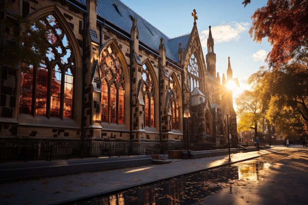 Église gothique avec jardin serein en vitraux colorés et sculptures détaillées IA générative