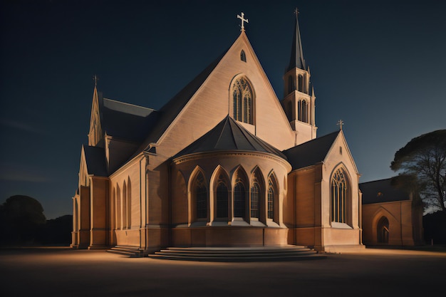 Église la nuit avec un ciel bleu foncé et des arbres en arrière-plan