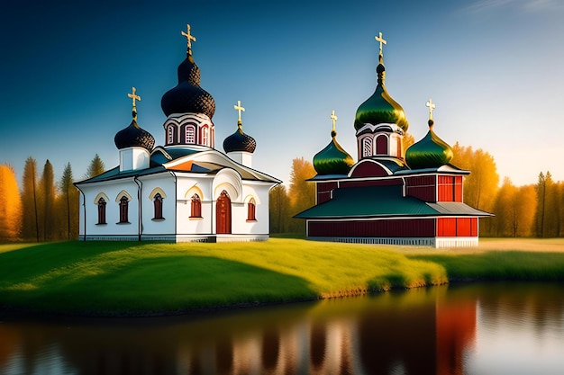 Église orthodoxe de paysage dans le village russe sur la rivière Souzdal