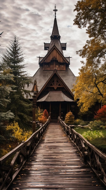 Église rustique traditionnelle en bois sur une surface nuageux