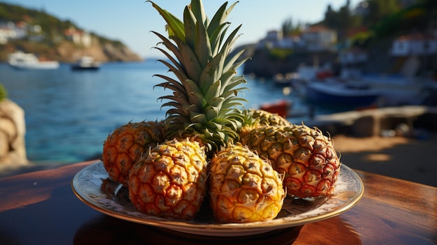 glisse des ananas sur une assiette avec une belle vue