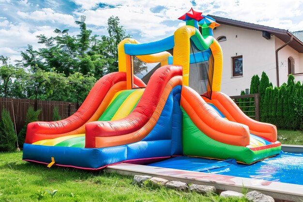 Glissement d'eau avec maison gonflable dans le jardin Génératif Ai