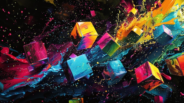 Photo glitching réalité fibrepunk avec des cubes colorés sur noir