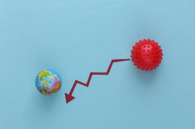 Global Diminution de la dynamique d'infection et de mortalité due au covid-19. Modèle de souche de virus et flèche tendant vers le bas sur un bleu