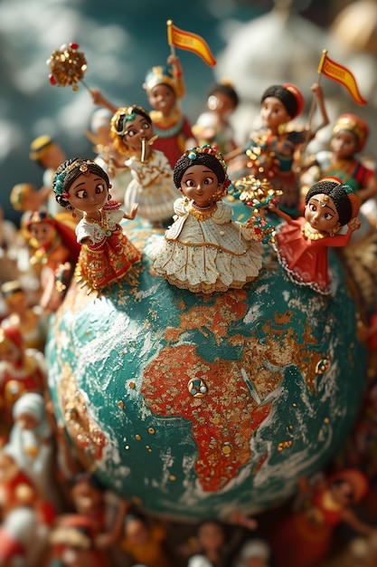 un globe 3D détaillé avec des figures animées de femmes de différentes cultures