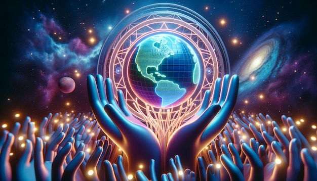 Photo le globe 3d avec l'icône des mains jeunes