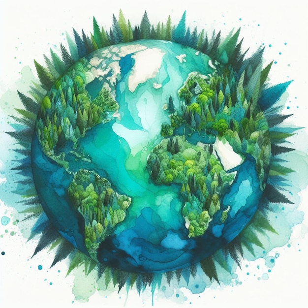 Globe à l'aquarelle avec des arbres et de la mer