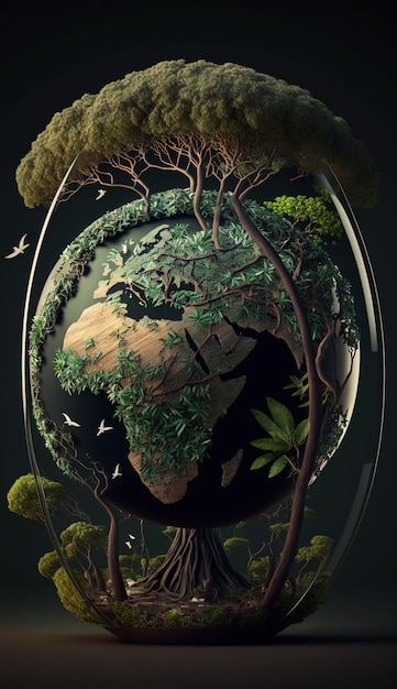 Un globe avec des arbres et des oiseaux dessus