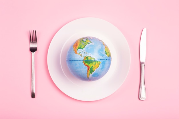 Globe sur une assiette pour la nourriture sur un fond rose. Pouvoir, économie, politique, globalisme, faim, pauvreté et concept alimentaire mondial.