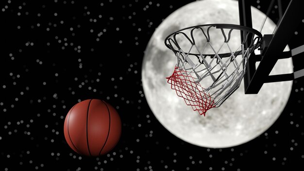 Un globe de basket-ball orange glacial après le score avec la pleine lune en arrière-plan le rendu 3D