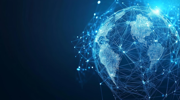 Globe bleu brillant abstrait relié par des lignes et des points
