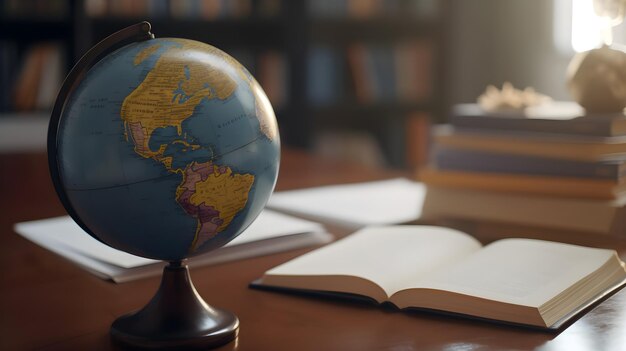 Un globe sur un bureau avec un livre en classe