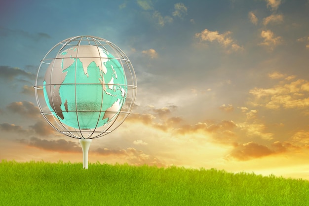 Photo le globe a une cage placée sur l'illustration tee3d de golf