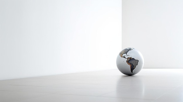 Un globe avec une carte du monde est posé sur un sol blanc.