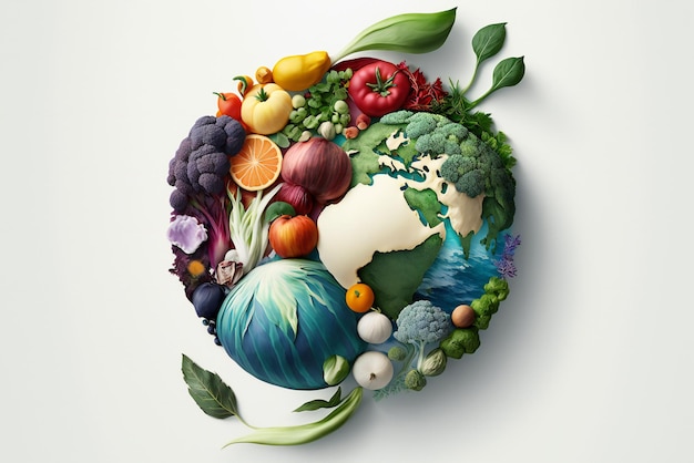 Un globe avec une carte du monde et des légumes dessus.