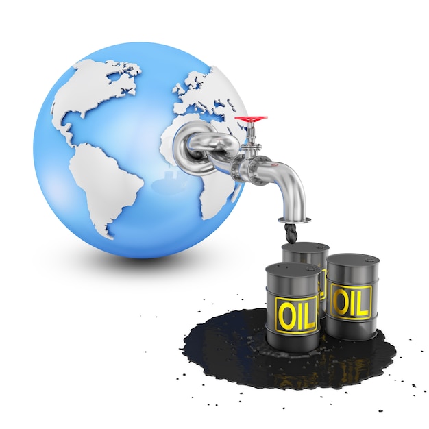 Le globe avec une conduite d&#39;huile à partir de laquelle le pétrole coule sur des barils