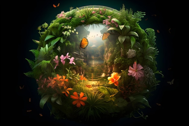 Globe de cristal sur les fougères dans la forêt d'herbe verte Environnement sauver la journée mondiale de la terre