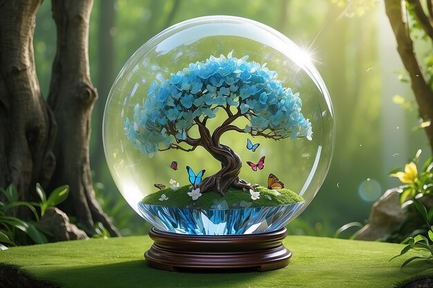 Le globe de cristal magique avec l'arbre de printemps et les papillons