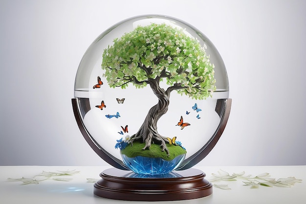 Le globe de cristal magique avec l'arbre de printemps et les papillons