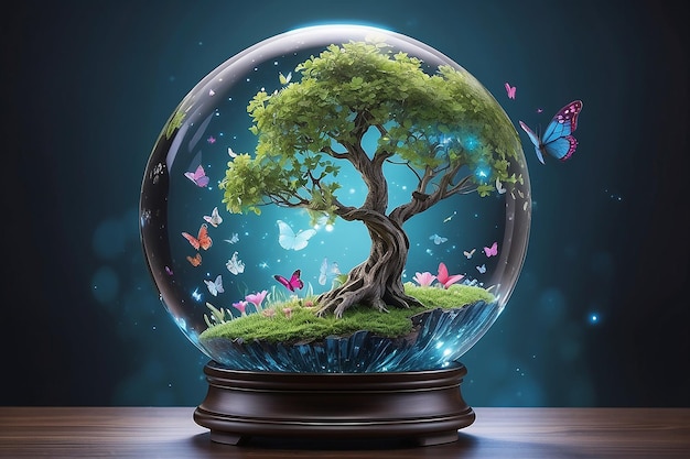 Le globe de cristal magique avec l'arbre de printemps et les papillons