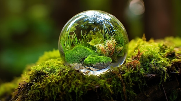 globe de cristal sur la mousse dans un concept d'environnement forestier 3D