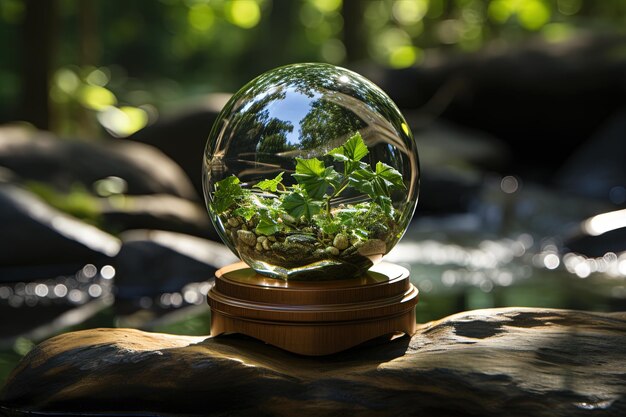 Globe de cristal avec des plantes vertes à l'intérieur