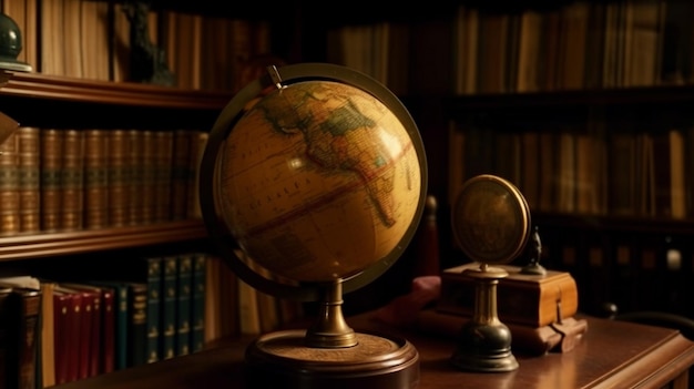 Un globe dans une bibliothèque avec un livre sur la table.