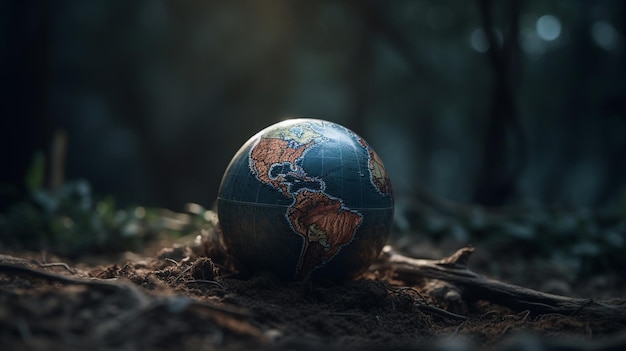 Un globe dans les bois avec le soleil qui brille dessus.