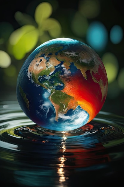 Globe dans l'eau avec réflexion sur la surface Éléments de cette image fournis par la NASA