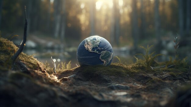 Un globe dans la forêt avec une forêt en arrière-plan