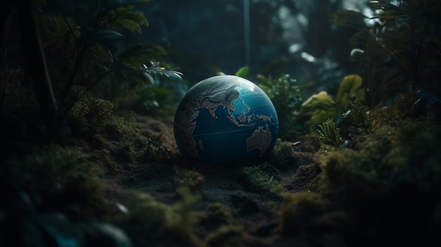 Un globe dans la forêt avec le mot monde dessus