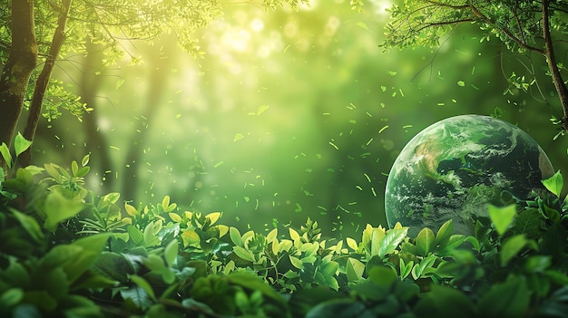 un globe dans la forêt avec le soleil brillant à travers les feuilles