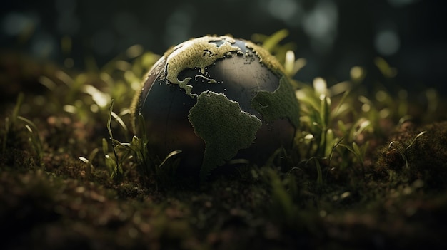 Un globe dans l'herbe avec le monde dessus