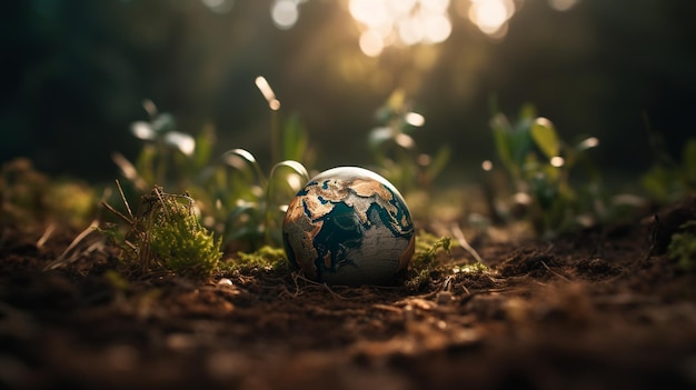 Un globe dans l'herbe avec le soleil qui brille dessus