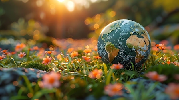 un globe dans l'herbe avec le soleil qui se couche derrière lui jour de la terre
