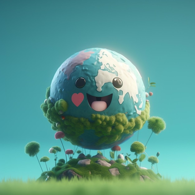 Globe de dessin animé avec un visage et un cœur dans un champ génératif ai