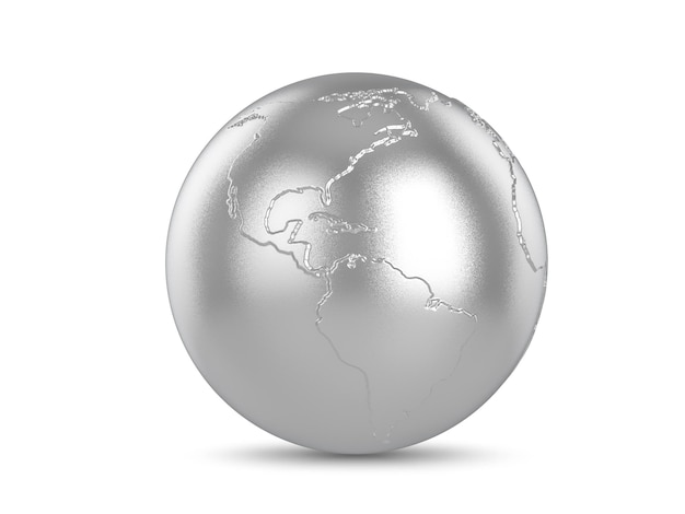 Globe du monde argenté sur un fond blanc illustration 3D