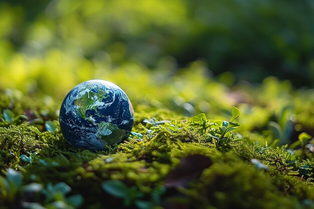 un globe du monde sur un tronc de mousse