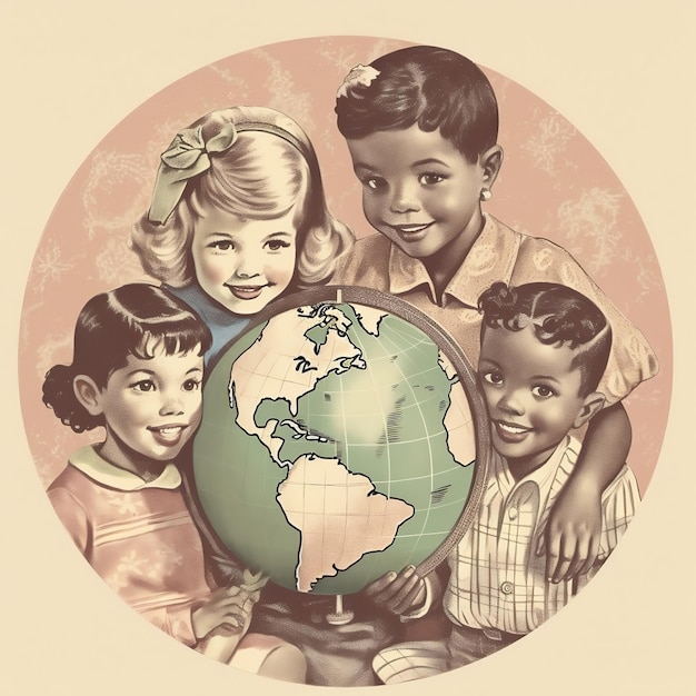 Un globe avec des enfants autour de lui style d'illustration vintage