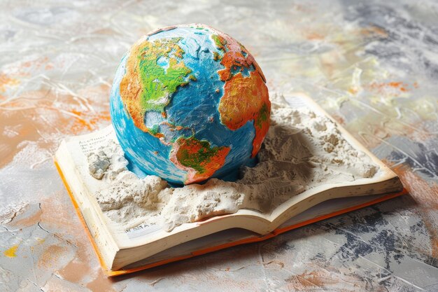 Un globe est assis sur un livre ouvert