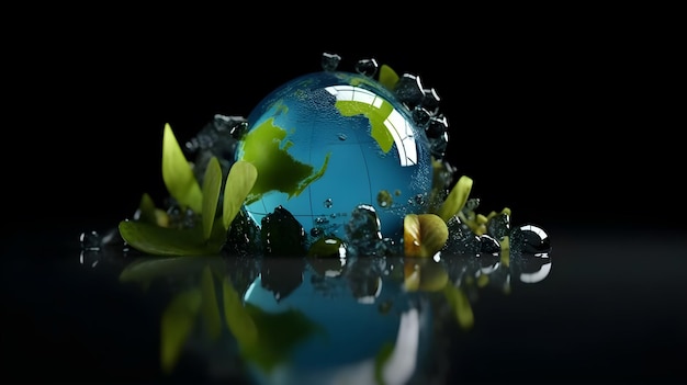 Un globe est entouré d'eau et de feuilles.