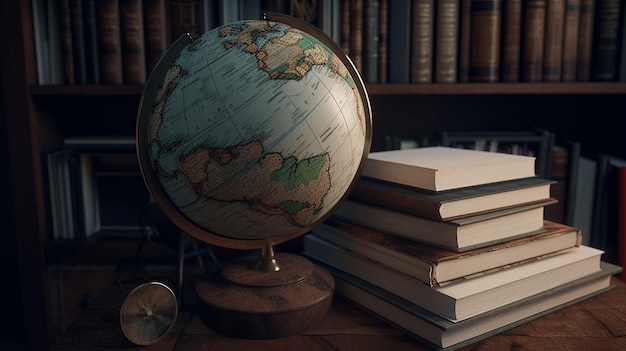 Un globe est posé sur une table à côté d'une pile de livres.