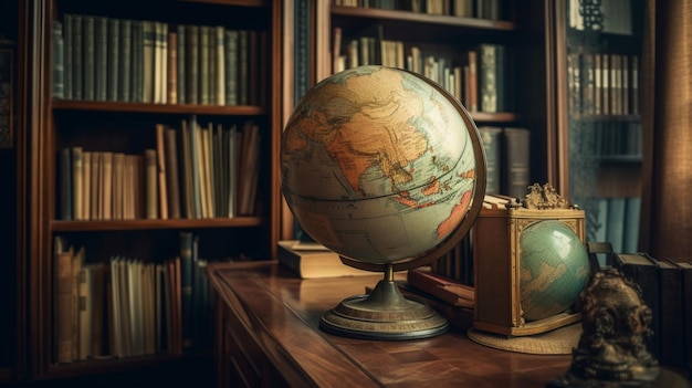 Un globe est posé sur une table devant une étagère avec une bibliothèque en arrière-plan.