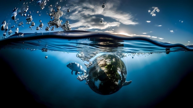 Un globe flotte dans l'eau avec le soleil derrière lui.